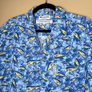 Columbia Mens Mahi Mahi Fish Print Short Sleeve Button Down Shirt Blue Large L